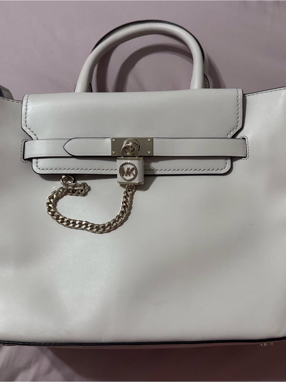 Michael Kors White Leather Satchel with Gold Chain Lock